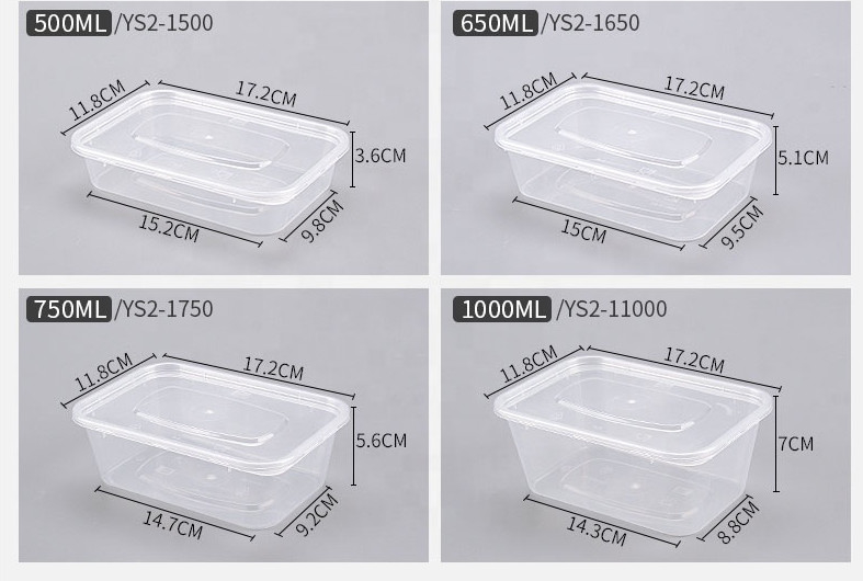 Прозрачная пластмасса принимает прочь коробке 500 650 750 1000ml, еду микроволны